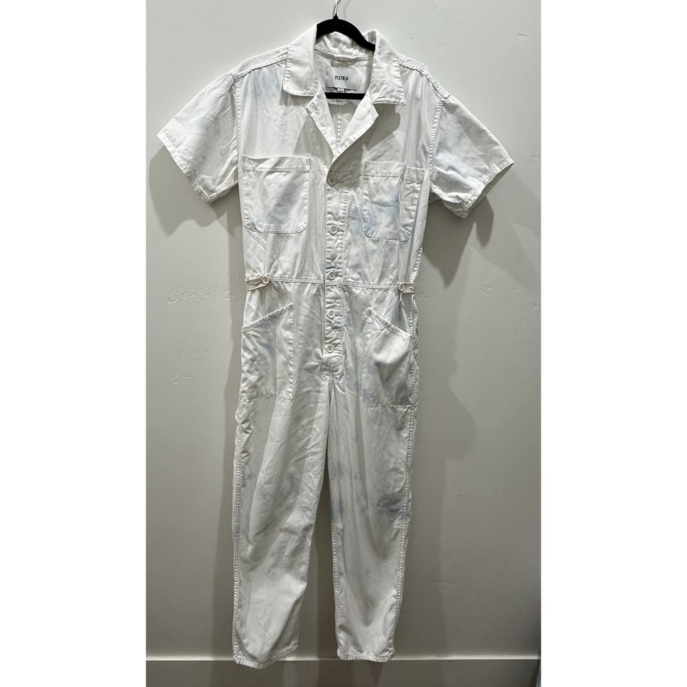 Pistola Women's  white and blue Grover Button Up Full Body Short Sleeve Jumpsuit